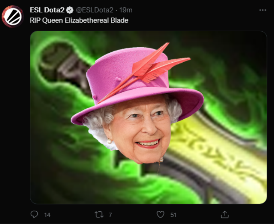 ESL опубликовал мем про смерть Елизаветы II с каламбуром про Ethereal Blade