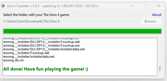Успешная установка обновления через Sims 4 Updater