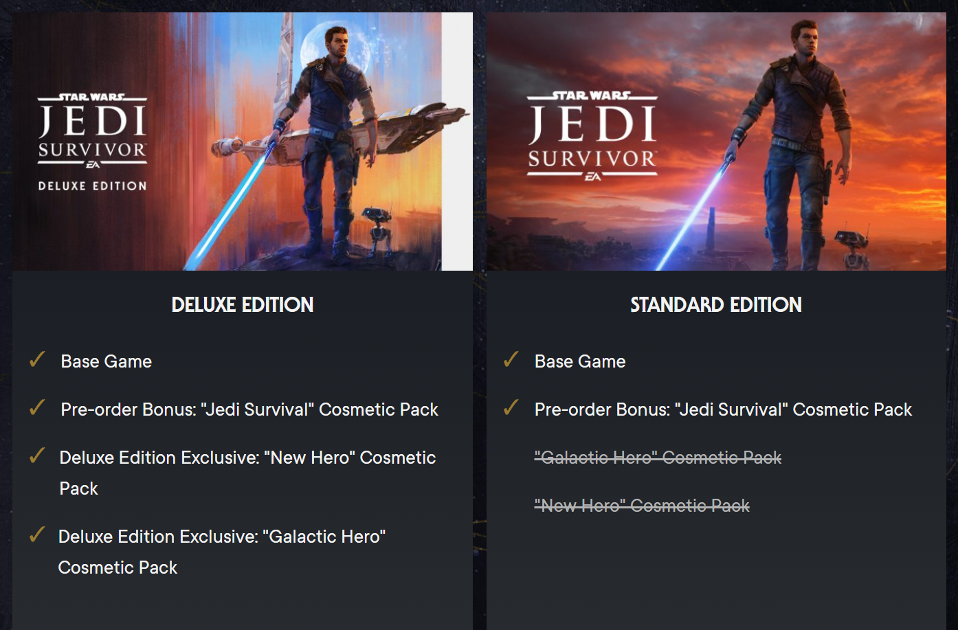 Цифровые издания Star Wars Jedi: Survivor на сайте EA