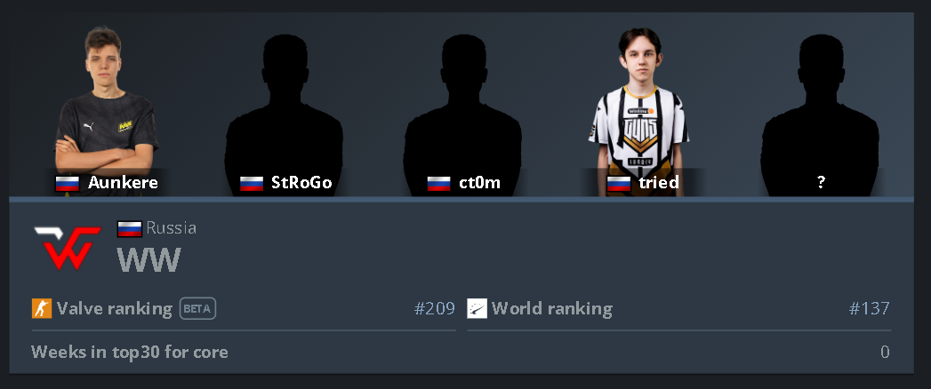 Состав команды WW Team: Aunkere, StRoGo, ct0m, tried и Jerry