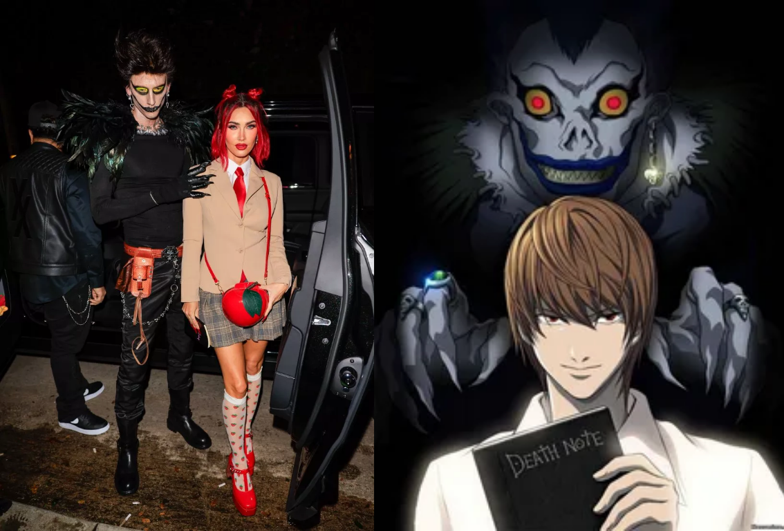 Меган Фокс и Machine Gun Kelly слева, Лайт Ягами и Рюк из аниме «Тетрадь смерти» справа