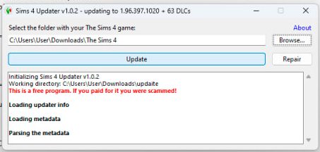 Меню Sims 4 Updater