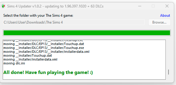 Успешная установка обновления через Sims 4 Updater