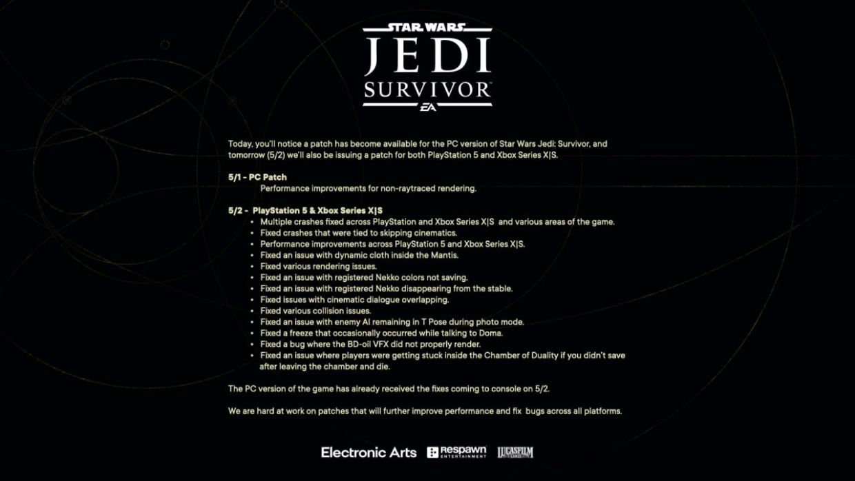 Подробности первого патча для ПК-версии Star Wars Jedi: Survivor