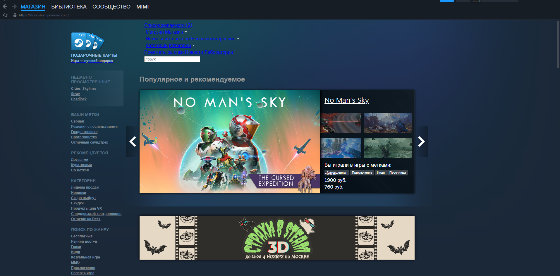 Через несколько минут после загрузки магазин Steam начинает работать