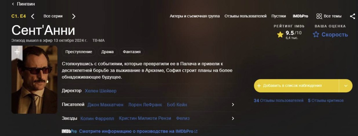 Четвёртая серия криминального сериала «Пингвин» (The Penguin) на IMDb