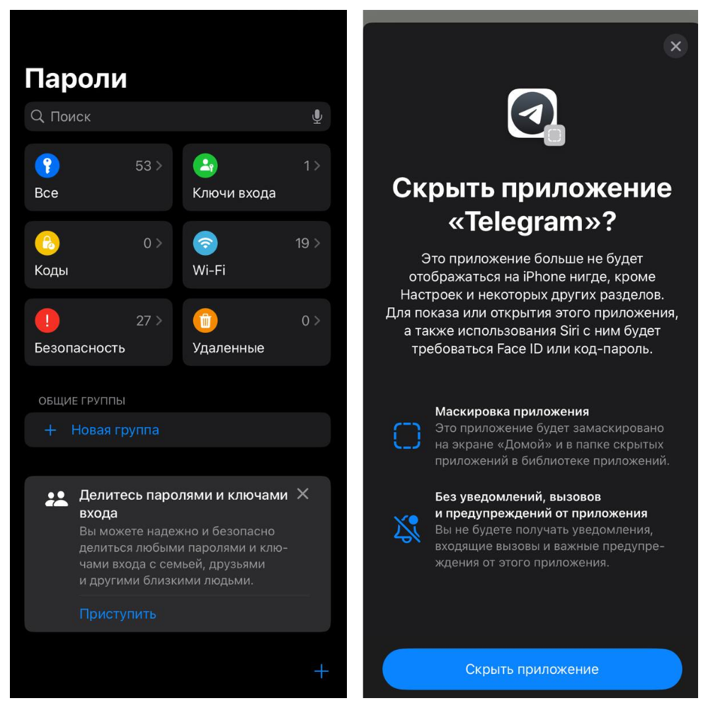 Приложение «Пароли» хранит ваши ключи и пароли, а новая функция hide app позволяет скрыть или заблокировать любое приложение