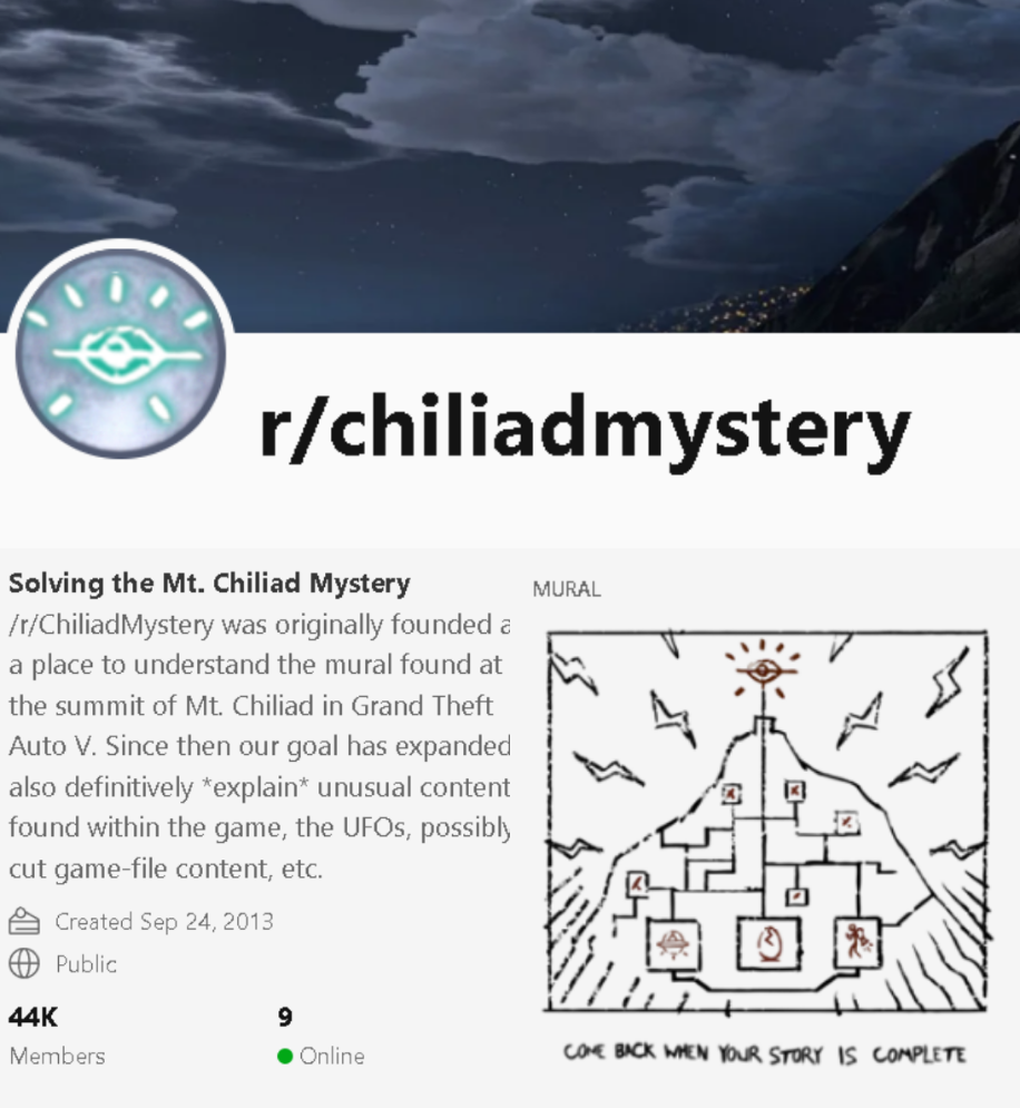 Сообщество игроков ChiliadMystery включает более 44 тысяч геймеров, которые пытаются разгадать «Тайну Чилиада» в GTA V