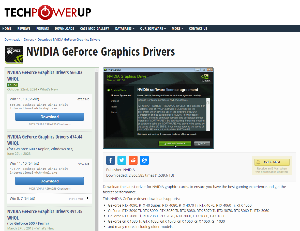 Драйвер NVIDIA на сайте TechPowerUp