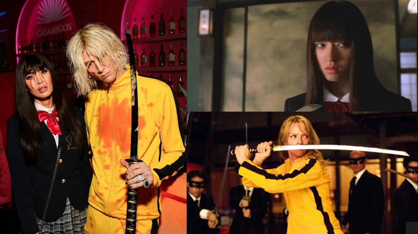 Меган Фокс и Machine Gun Kelly в образах из фильма «Убить Билла» слева, кадры из фильма «Убить Билла» справа