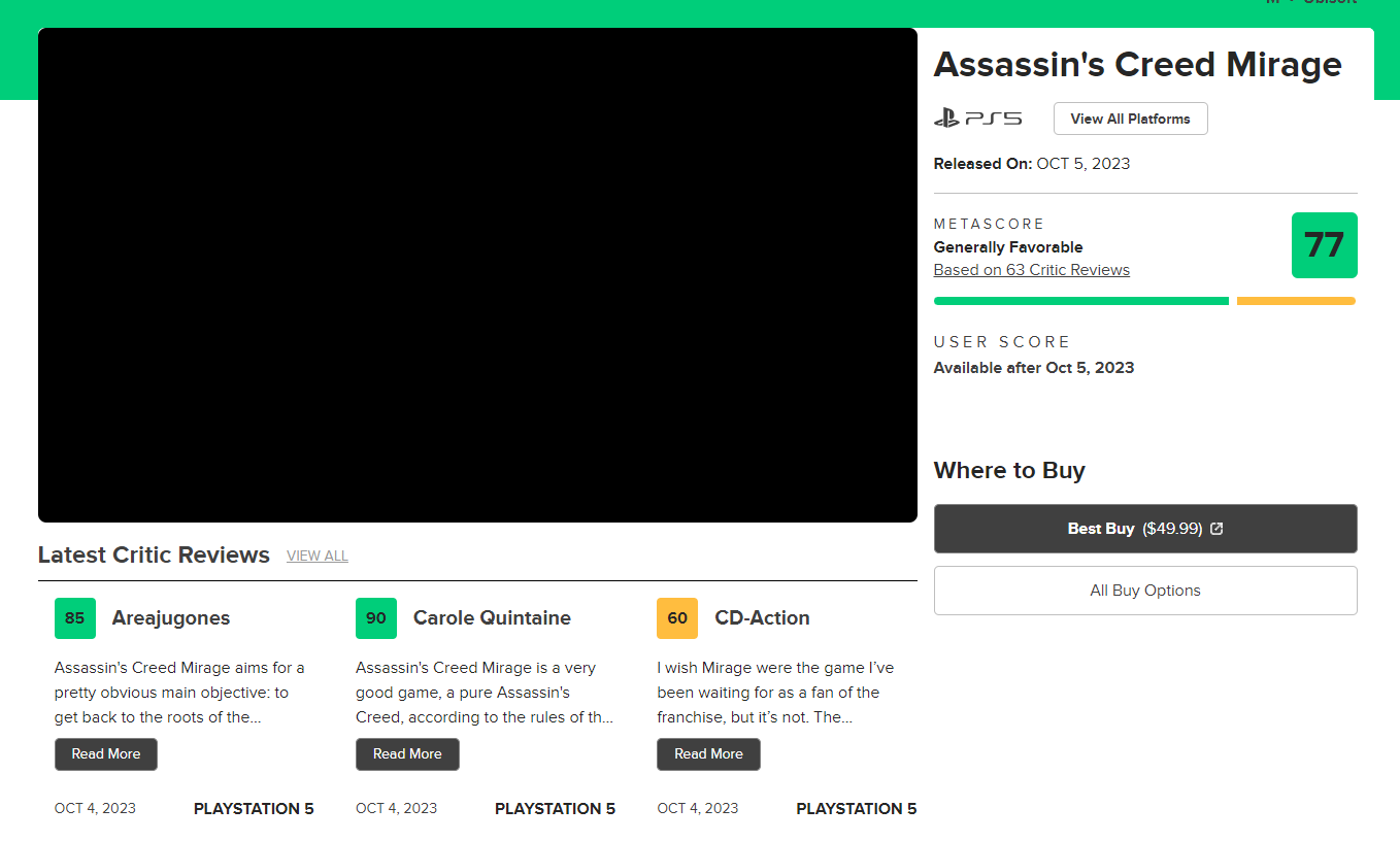 Assassin's Creed Mirage - Metacritic