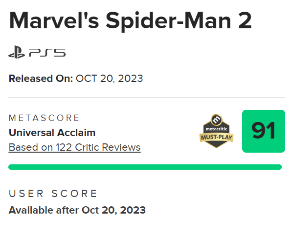Оценка Marvel's Spider-Man 2 на Metacritic