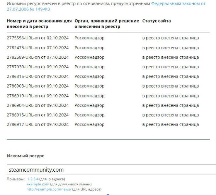 Информация о внесении страниц Steam Community в реестр запрещённых сайтов