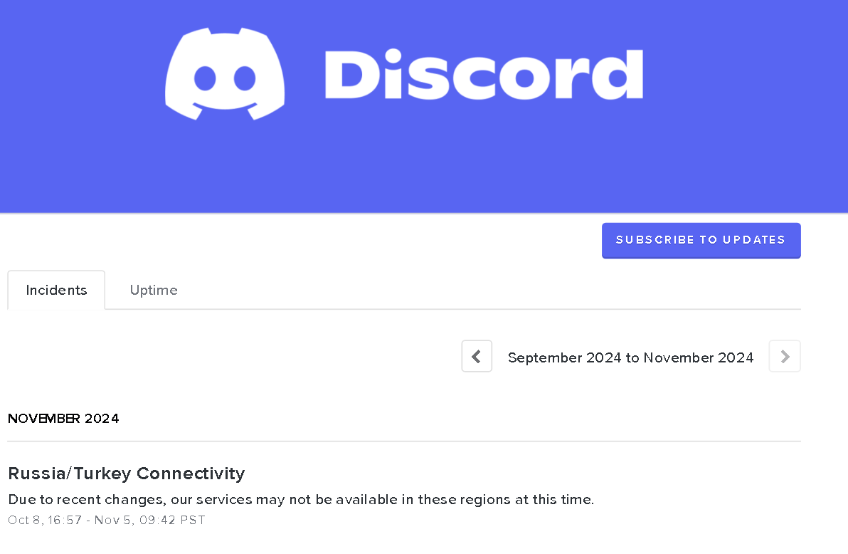 8 октября Discord заявил, что знает об ограничениях мессенджера в России и Турции, а 5 ноября сообщил, что вопрос решён, но ситуация не изменилась