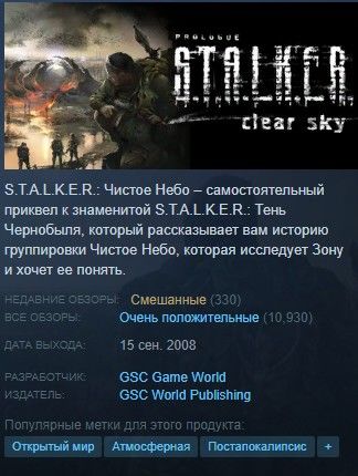 Рейтинг обзоров игры S.T.A.L.K.E.R.: Чистое Небо в Steam