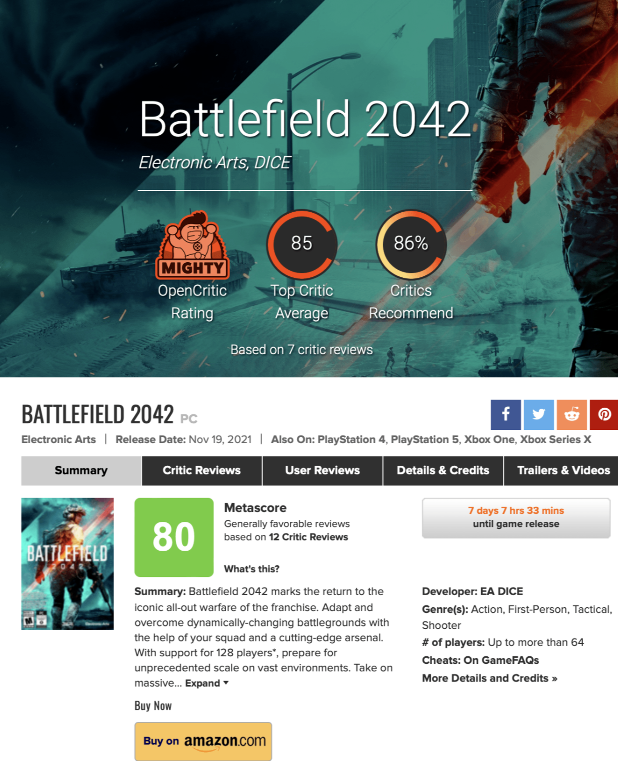 Оценки Battlefield 2042 на Metacritic и OpenCritic