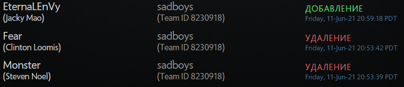 Изменения в составе sadboys на официальном сайте Dota 2