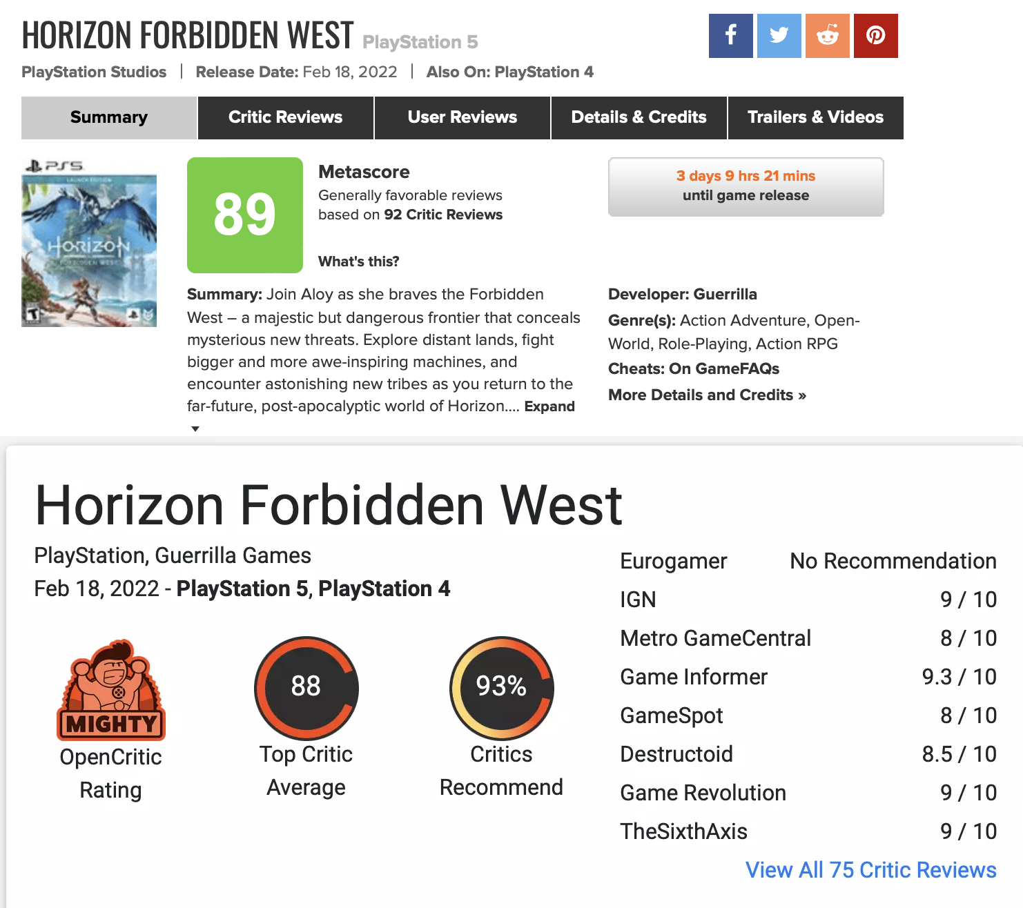 Оценки Horizon Forbidden West на Metacritic и Opencritic